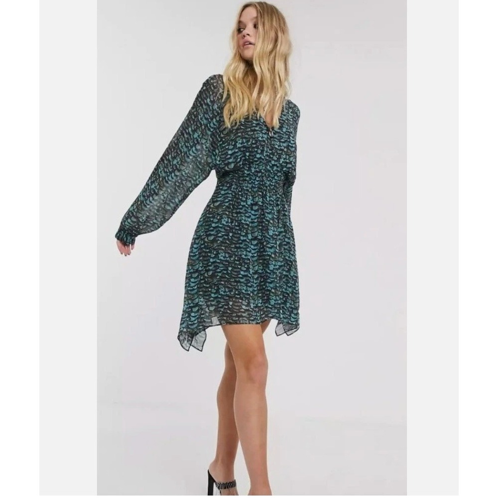 AllSaints Nichola Plume Dress Size S Teal Green Feather Print Smocked Mini